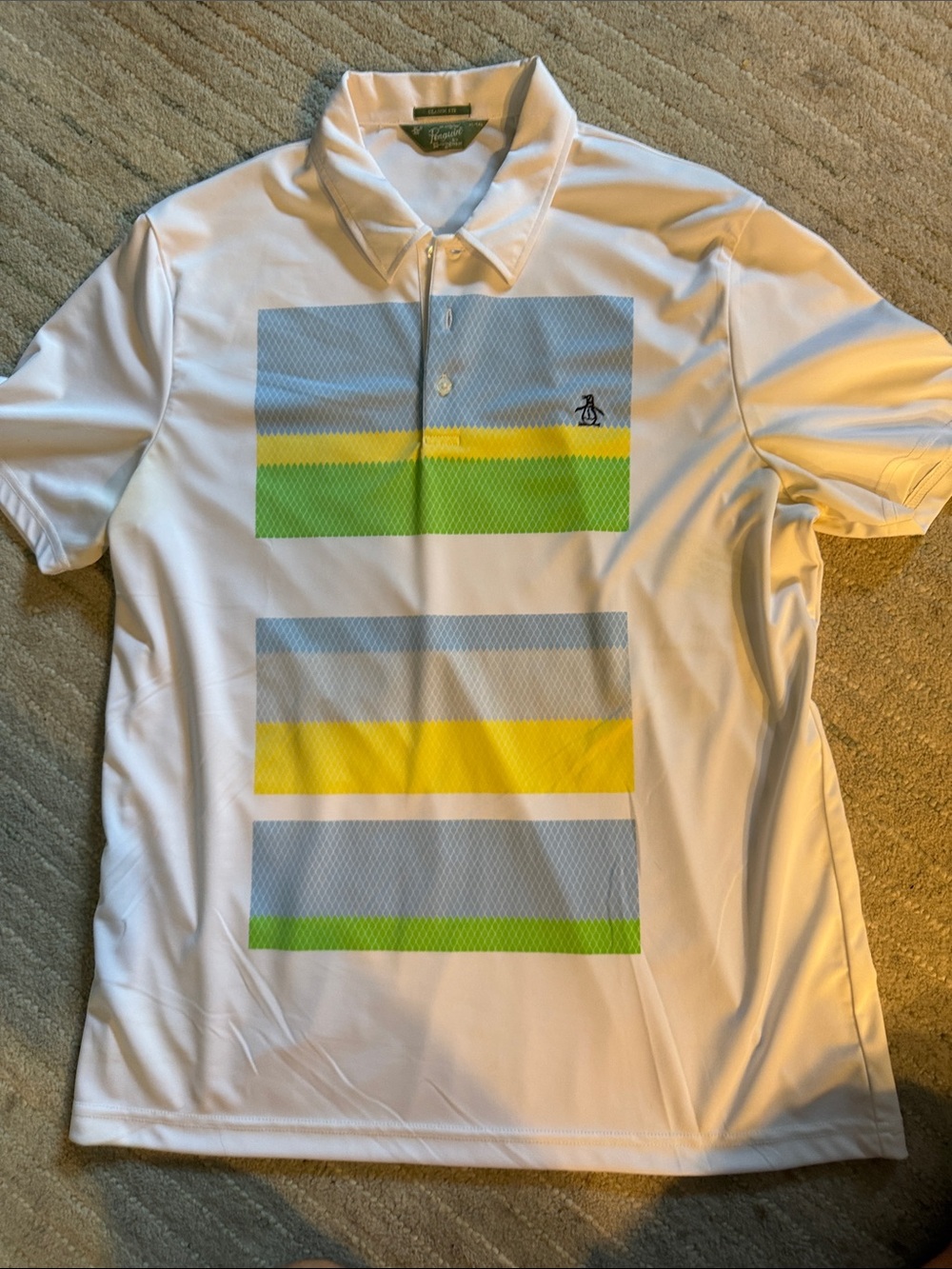 Original Penguin White Polo with Blue, Yellow & Green Stripe Panels